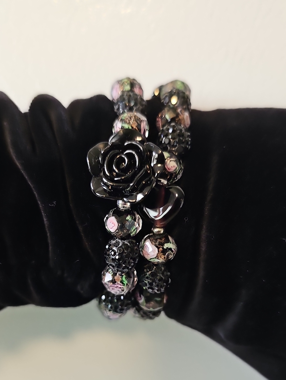 Black Rose Floral Beaded Stretch Bracelet